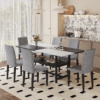 Table and chair set.71*35.4 inch White And Black Spliced Dining Table With Storage Function In The Middle Of The Table Legs.Paired With 6 Light Gray Linen-Cotton Dining Chairs, Simple And Versatile.