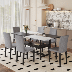 Table and chair set.71*35.4 inch White And Black Spliced Dining Table With Storage Function In The Middle Of The Table Legs.Paired With 6 Light Gray Linen-Cotton Dining Chairs, Simple And Versatile.