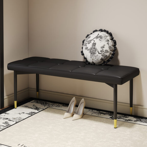 2b050a9b1cf740b7902041b3a86dca07_0726cd7be759335c724bee2d5509649f 47*16 Inch Multifunctional Black Shoe Bench - Faux PU Cushion, Sturdy Metal Legs With Gold Accents.Suitable For Bedroom,Fitting room, Storage room, Dining room, and Living room,etc.