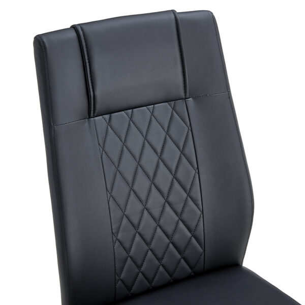 2b4d81a32b8e4e0db3ea1bf49cb20e60_63f54ed83e037ef680aa5fe8519a4293 Table and chair set.Subtle Luxury Tempered Glass Dining Set - 63"x35.4" with 6 Black PU Chairs with golden C-tube metal leg.Arched Metal Gold Leg.White imitation marble texture sticker Tabletop.