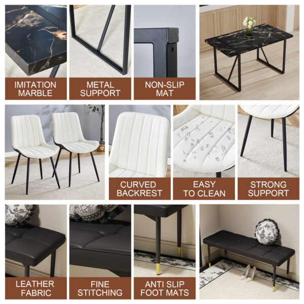 2b8ae8727e8d4cb79cb43423c5cbfb4a_fb67721b2cf9761d1572269e0fc80cb4 Table and chair set.Modern Black Marble Pattern MDF Dining Table Set - 55"x31.4" with 4 Extended Seat Cushion PU Dining Chairs and 1 Bench,A Choice of Subtle Luxury for Modern Homes.