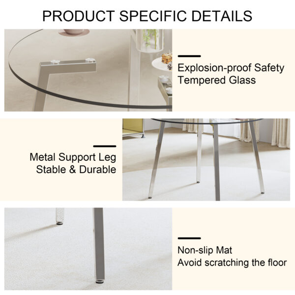 Modern minimalist style circular transparent tempered glass table, tempered glass tabletop, silver metal table legs, suitable for kitchen, dining room, and living room, 42 "* 42" * 29.5 "1123r