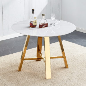 Modern minimalist white patterned circular dining table and coffee table. MDF desktop, diameter 42 inches, stainless steel metal legs, suitable for home and office use