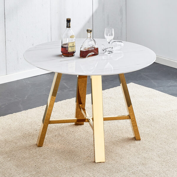 Modern minimalist white patterned circular dining table and coffee table. MDF desktop, diameter 42 inches, stainless steel metal legs, suitable for home and office use