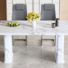 Table and chair set.64.5 x 35.4 Inch Stylish White Marble Textured Dining Table,Perfectly Blending Simplicity And Transparency.Paried With 4 Dark Gray High-quality PU Chairs With Arched Metal Legs.