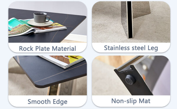 2bf04bb217384e62a2285cd52f95a724_6bffbfb632fbadc38b075a784fd8e1ea Table and chair set.63"x31.5x30" Black Marble-Patterned Slabs Tabletop with Stainless Steel Butterfly Legs.Paried with 4 Dark gray high-quality PU chairs with silver metal legs.