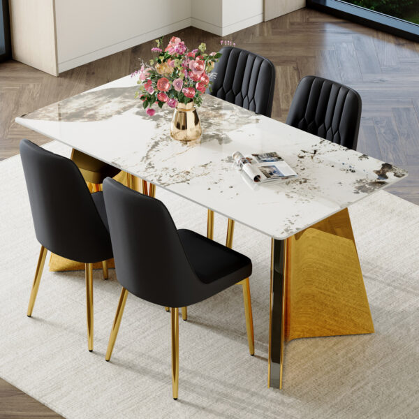 2bff8d5307504bcb88a742702c176d15_91f6de4644fc986cc3a431fcbcc15e07 Table and chair set.63"x31.5x30" Luxurious Pandora patterned Sintered Stone Tabletop with Golden Stainless Steel Butterfly Legs.Paried With 4 Black PU Chairs with Simple Line Designs On The Backrest.