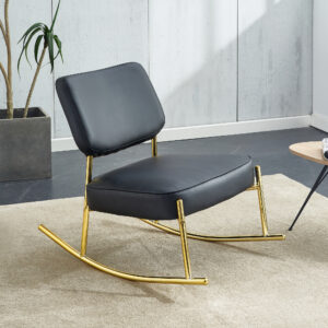 PU material cushioned rocking chair, unique rocking chair, cushioned seat, black backrest rocking chair, and gold metal legs. Comfortable side chairs in the living room, bedroom, and office