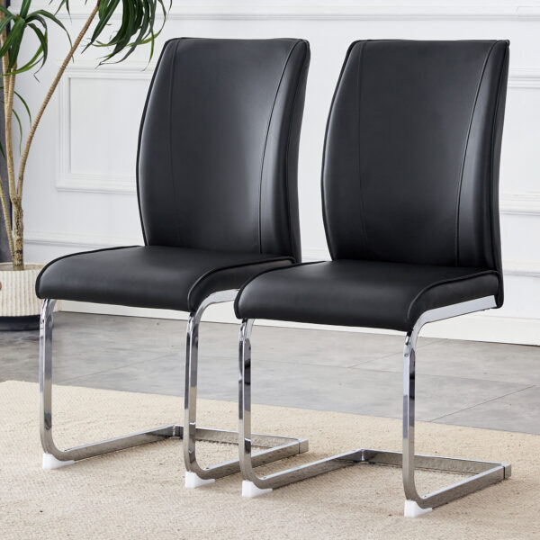 2c27f38d2f02467fb14f0d4741139027_22011589bd97939568b7ebdd7c50d7b9 Luxury Simple Arch Chair - Set of 2 Black PU Material High Resilience Dining Chair with Arched Metal Silver Leg.
