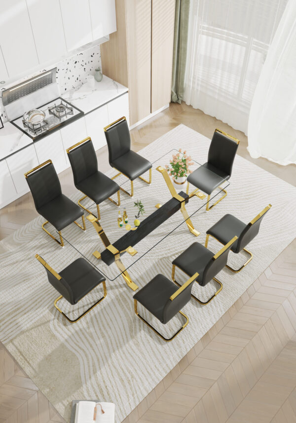 2cbe77aa935e4493abc9e0c6cbdefa5c_20230727_55b36ea2650fa1f56e2a8aed5b6942ac Dining table. Modern tempered glass dining table. Large modern office desk with gold plated metal legs and MDF crossbars, suitable for both home and office use. Kitchen. 79 ''x39''x30 '' 1105