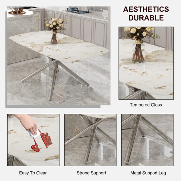 2ce30e5c76494163b3124d0a173d4a89_a353be9fd77ab26107a62d10b2c76485 Large modern minimalist rectangular dining table with 0.39 "imitation marble tabletop and silver metal legs, suitable for kitchens, restaurants, living rooms, conference rooms.W1151S00986
