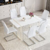 Table and chair set.55"x31.4" Cream-Style White MDF Dining Table Set with 6 White Chairs With Silver Metal Legs.MDF Tabletop and metal frame legs.Adding a warm and gentle atmosphere to your family.