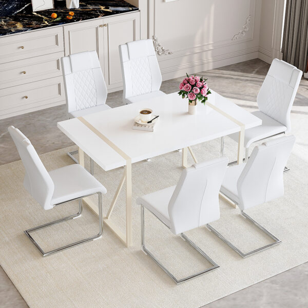 2cff8e6807bd4f7fa6462bc9c0a8cf71_65ea063a35e6ba48147e3cc729b744f5 Table and chair set.55"x31.4" Cream-Style White MDF Dining Table Set with 6 White Chairs With Silver Metal Legs.MDF Tabletop and metal frame legs.Adding a warm and gentle atmosphere to your family.