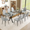 Table and chair set.79"x31.5" with X-shaped Black Metal Table Legs,Wood Grain Textured MDF Crossbeam.Paired With 8 Chairs Made Of Light Gray Lnen Fabric.Iron pipe spraying Legs.
