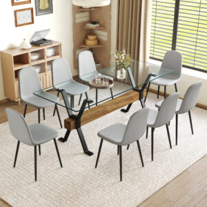Table and chair set.79"x31.5" with X-shaped Black Metal Table Legs,Wood Grain Textured MDF Crossbeam.Paired With 8 Chairs Made Of Light Gray Lnen Fabric.Iron pipe spraying Legs.