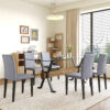 Table and chair set.79"x31.5" Inch Tempered Glass Tabletop With X-shaped Black Metal Table Legs,Wood Grain Textured MDF Crossbeam.Paired With 6 Light Gray Linen-Cotton Dining Chairs.