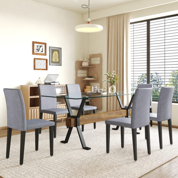 2d2b9721256b46ca843a15d40f1b936f_23b64c249a1fbe6c7e65d56071780e0e Table and chair set.79"x31.5" Inch Tempered Glass Tabletop With X-shaped Black Metal Table Legs,Wood Grain Textured MDF Crossbeam.Paired With 6 Light Gray Linen-Cotton Dining Chairs.