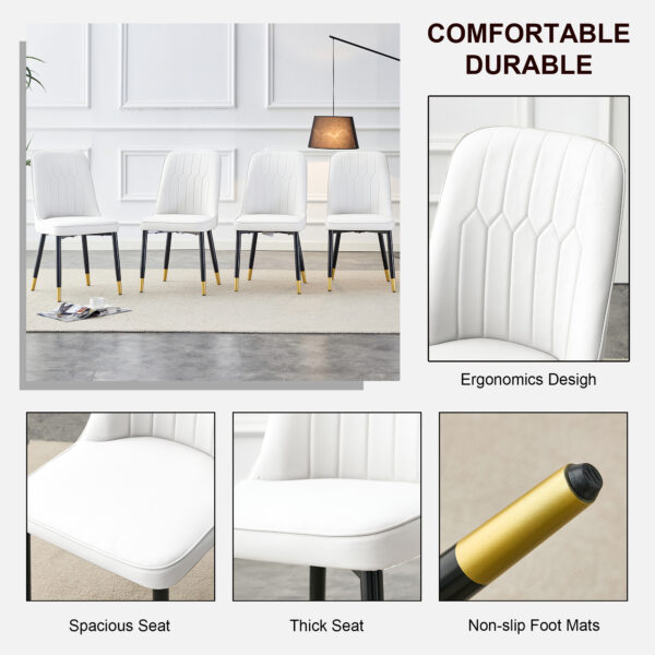 2d2f2f16afea4aceb8fd3b22e61fe4ae_83ef8be6f862cca4500f445f9a2b8685 Table and chair set.The table has a glass top with imitation marble pattern stickers and stainless steel golden legs. Paried with chairs with PU artificial leather backrest cushions and black legs.