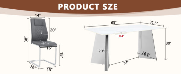 2d39dcfcfa8a472c8f64570ef1821597_9a12628183ca62c8254afa88284e5f08 Table and chair set.63"x31.5x30" Luxurious Snow Mountain Patterned Sintered Stone Table with Silver Metal Butterfly Legs.Paried With 4 Dark Gray High-quality PU Chairs With Arched Metal Legs.