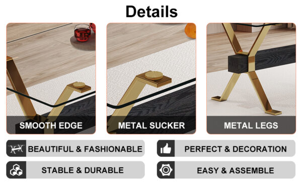 2d435214c3234d119dd756a3a8baee0b_072c4eb2e9a3afd59ad792003829eadc Table and chair set.Elegant Transparent Tempered Glass Dining Set - 71"x35.4" with 8 Light Gray PU Chairs with golden C-tube metal leg.X-shaped Golden Metal Table Legs,Black Textured MDF Crossbeam.