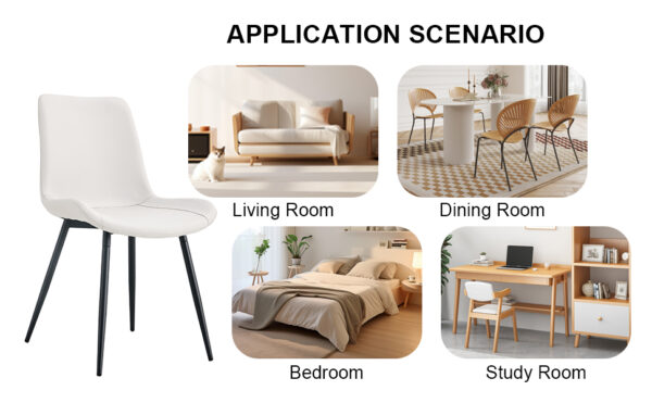 2d5d6ccd171d481a85bd5c27a3e82214_009a0d46ac874b70436f98bc33f289c4 White artificial leather backrest cushion dining chair, black metal legs, curved widened cushion design for more comfort, suitable for restaurants, kitchens, bedrooms, offices.(4 chairs) 0502