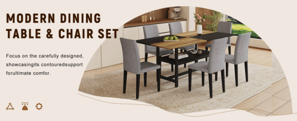 Table and chair set.71*35.4 inch Wooden And Black Spliced Dining Table With Storage Function In The Middle Of The Table Legs.Paired With 6 Light Gray Linen-Cotton Dining Chairs, Simple And Versatile.