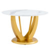 Table and chair set.Luxurious Snow Mountain White Slab Round Dining Table Set - 47"x47" with 4 Black PU Chairs with Simple Line Designs On The Backrest .Golden Metal Legs.