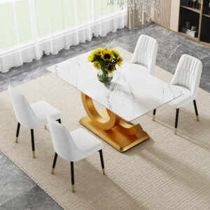 A large modern minimalist rectangular dining table suitable for 6-8 people,  A set of 4-piece PU leather backrest and black metal legs modern dining chairs.  F-OC  C-007