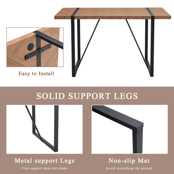 Table and chair set.A retro rectangular dining table with a wood color fishbone textured top and black metal legs.Paired With 4 Brown technology fabric chairs with Featuring arched black legs.