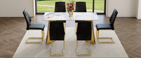 2d8cda07bbdb41809d2889fec6e1eca1_4ae89da6e2e9311f2f52266a3ef5aaad Table and chair set.63"x31.5x30" Luxurious Pandora patterned Sintered Stone Tabletop with Golden Stainless Steel Butterfly Legs.Paried With 6 Black High-quality PU Chairs With Arched Metal Legs.