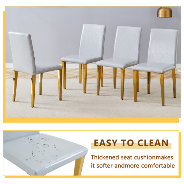 2da4051159ee4b0b98d2b41ba4abea18_3ff2094cec3f8b9d9c3414e16b6927ab Table and chair set.71 * 35.4 inch rectangular dining table.Tempered Glass Tabletop,Golden 7-shaped Metal Table Legs.Paried With 8 Light Gray PU dining chairs, Golden Metal Legs.Simple and versatile.