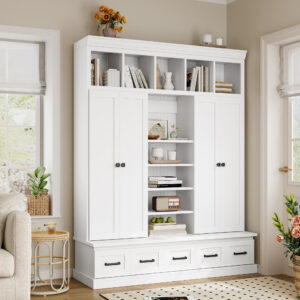U-Can 78.7''H Hall Tree with Bench and 5 Storage Cubbies, Modern Entryway Storage Organizer Cabinet with 4 Doors, 5 Drawers and Adjustable Shelves for Hallway, Entryway, Living Room
