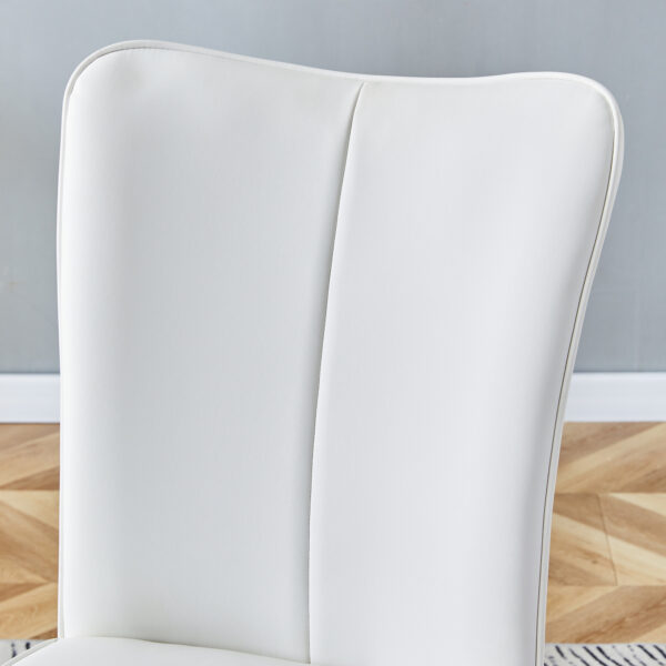 2dc5fd647edb463f931b11edfa9c192e_6e3073a34302d5c4cd3764001e398a07 Table and chair set.63"*35.4" White Imitation Marble Pattern MDF Dining Table Set - 4 White PU Chairs with a vertical stripe design on the backrest.Create Your Exclusive Low-Key Luxury Space.