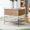 Bedside table with drawers. The board surface is MDF sticker, and both sides are transparent tempered glass. The design is simple and elegant, with excellent storage functions.