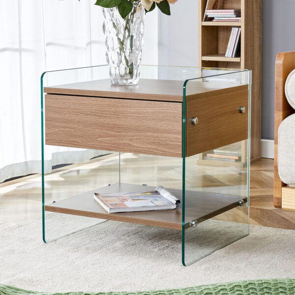 2e045bb4ee0946399361653b6eb0ad83_d4e0ef2676e8688bdeb230a201ec849a Bedside table with drawers. The board surface is MDF sticker, and both sides are transparent tempered glass. The design is simple and elegant, with excellent storage functions.