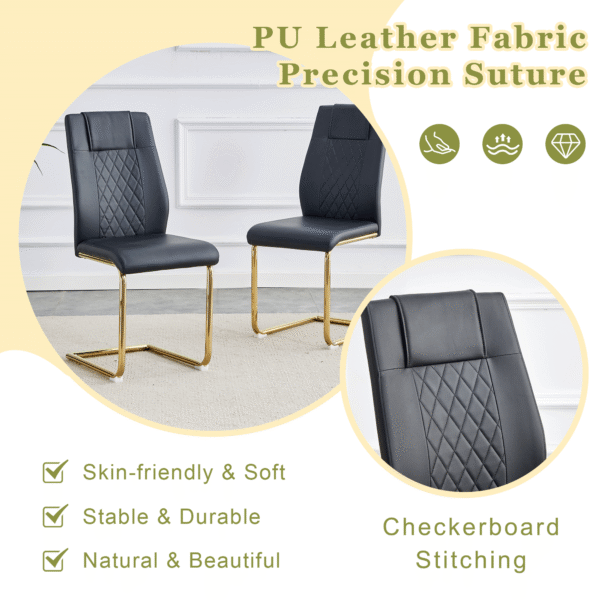 2e0477e93f244338893640bdfe1c4c0b_db824aee79ee2470ae6d1d7ff7bf8c3c A modern minimalist style round transparent tempered glass table with gold metal legs, paired with 6 modern PU leather high-back dining chairs ,bring a luxurious experience.