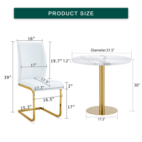 2e23adbefcac498f97b5de202e11b7c6_d95092274553091fbb154fc5e938c80f Table and chair set.31.5 Inch Elegant White Marble Pattern Round Dining Table - Suction Molding Annular Texture.Paired With 4 White PU Material High Resilience Dining Chairs.
