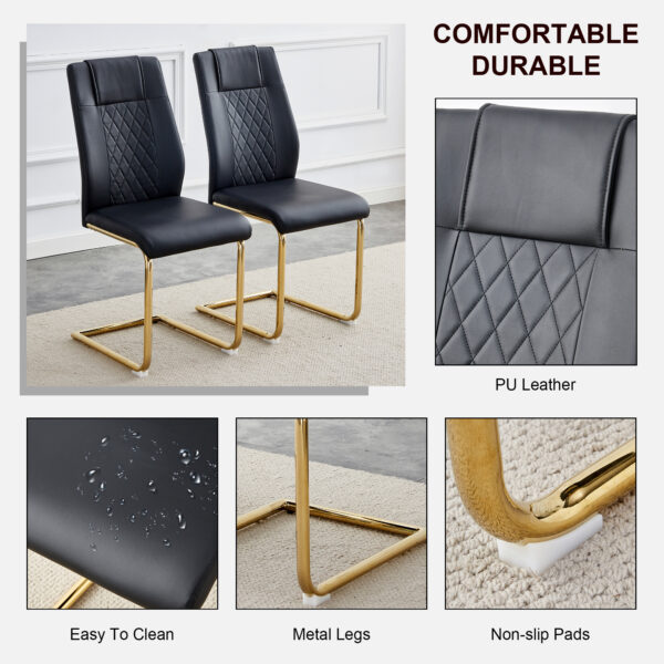 2e2a4b2ece2742c3b40a946cf0b9bcc9_5f14a34af33dbfb2e7276bded51568f2 Table and chair set.Modern Luxurious Tempered Glass Dining Table Set with Gold Metal Legs and 8 PU Chairs.White marble-patterned sticker tabletop,black chairs with gold metal legs.
