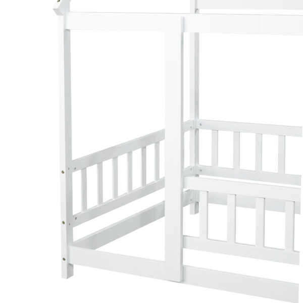 Twin Size House Floor Wooden Bed with Roof Frame,Safety Guardrails,White
