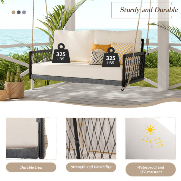 TREXM 1-Piece Woven Rope Outdoor Swing Sofa with Soft Cushions Seating 2 for Patio, Courtyard and Balcony (Beige)