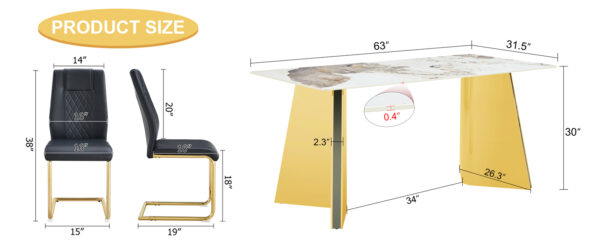 2e6034ebc10243a9a8b903a15c962225_9993368d6b5243a405a7c7efe81dbcdd Table and chair set.63"x31.5x30" Luxurious Pandora patterned Sintered Stone Tabletop with Golden Stainless Steel Butterfly Legs.Paried With 6 Black High-quality PU Chairs With Arched Metal Legs.
