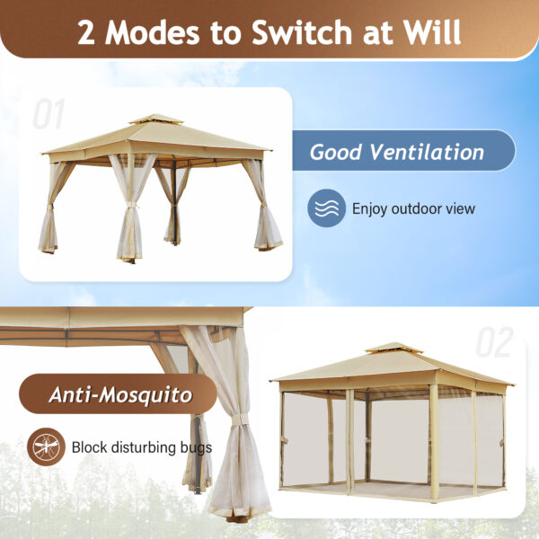 TREXM 10x12 Outdoor Gazebo Tent with Double Roofs, Patio Gazebo with Mosquito Netting, Patio Canopy for Backyard, Garden, Lawn and Deck (Beige)