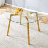 Modern Luxurious Round Tempered Glass Dining Table with Gold 7-Shaped Metal Legs,suitable for family meals, office conferences, or as a casual coffee table for various occasions.47.3*47.3*29.5