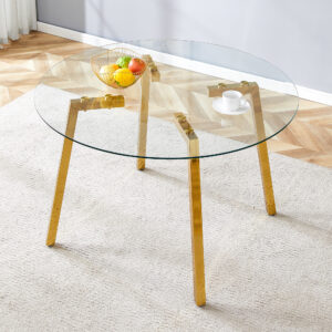 Modern Luxurious Round Tempered Glass Dining Table with Gold 7-Shaped Metal Legs,suitable for family meals, office conferences, or as a casual coffee table for various occasions.47.3*47.3*29.5