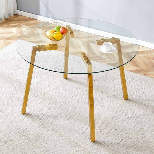 2e9fbda7f35d4b8d80cc78c1bf0c7a08_2ff8b367cf589809bf9634663333b667 Modern Luxurious Round Tempered Glass Dining Table with Gold 7-Shaped Metal Legs,suitable for family meals, office conferences, or as a casual coffee table for various occasions.47.3*47.3*29.5