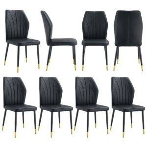 8 modern dining chairs with stylish PU patterned backrest and black metal legs for a comfortable home experience in the kitchen, bedroom and office.