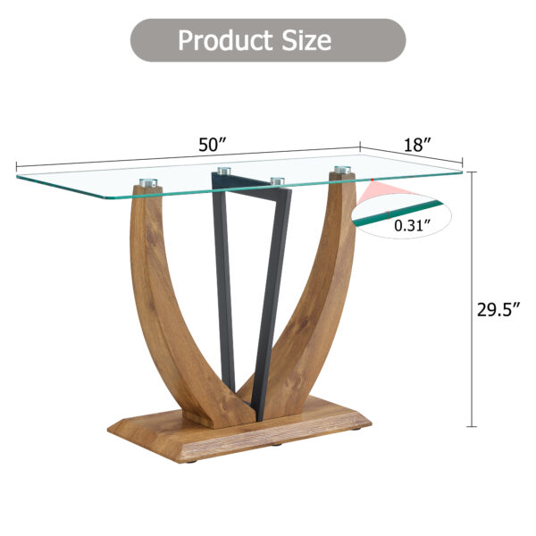 2ef4b017c18440e4a1b34cea3ce558aa_1f002a77b0860655e896e2de94131862 Modern minimalist rectangular glass table with 0.39 "tempered glass top and MDF wood grain sticker legs, suitable for entrance and living room.