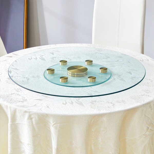 2f01a9f1ba5a4984a40c40f62db6cc92_5cdd6d50c8184f317db4083327bef45b Double layer rotatable round glass.The rotatable design makes it more convenient to retrieve and place items.The upper glass has a diameter of 30.3 inches, while the lower glass15 inches.