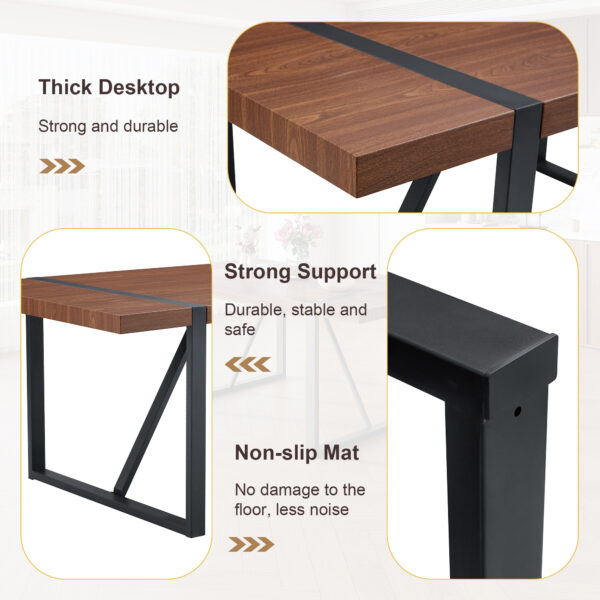 2f1a38001a604bb0a3ca769b66de79f6_b49697eeea11f9b148717f7f39105e37 Table and chair set.Industrial Style Walnut-Colored Rectangular Dining Table - 71"x39.3" Large Size.Paired with 6 brown technology fabric chairs with Featuring arched black Metal legs.