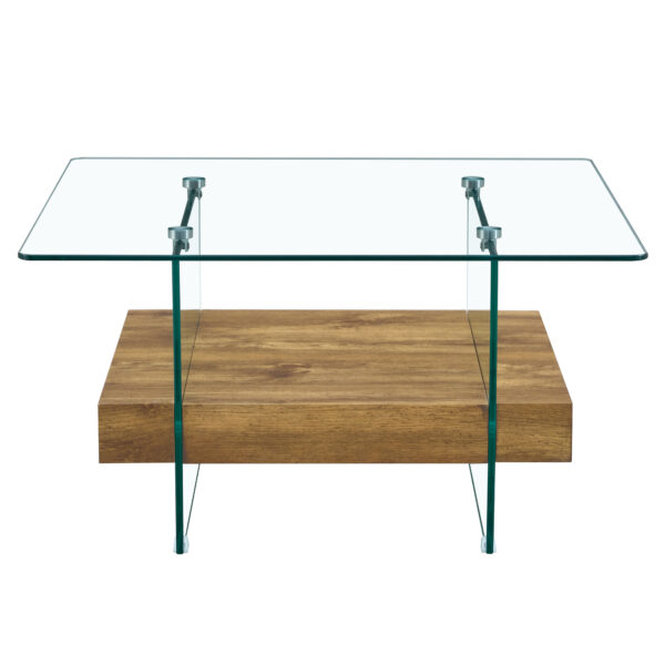 2f2046f0bcb3410687c059b9ecf7a288_0d8f69dcd78bf0b2014b4922cedd136a 31.4 Inch Modern Two-Tier Square Coffee Table -An Elegant Combination of Clear Glass and Light Wood Texture Sticker.It can be used not only as a coffee table but also as a side table or display stand.